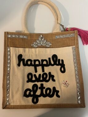 Happily Ever After Jute Tote Bag with Pink Tassel. Bridal. Wedding Shower